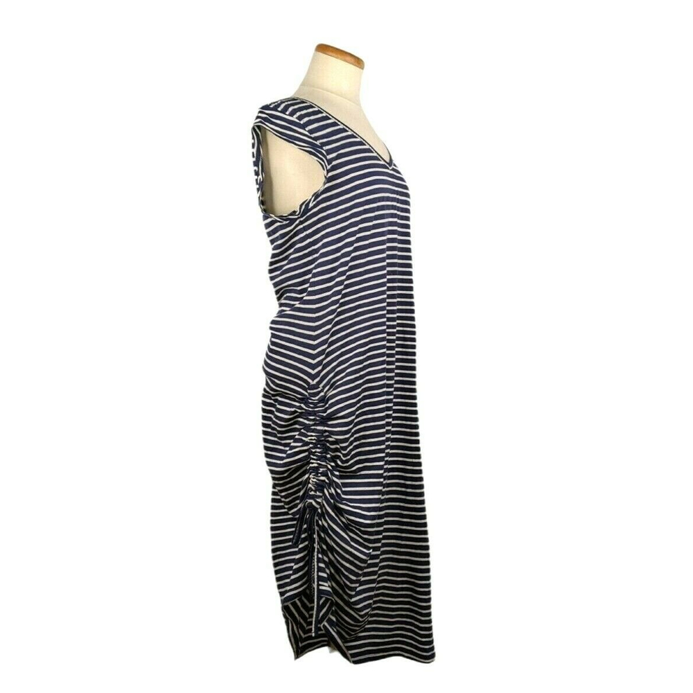 Toad Co Muse Dress Size L Striped Side Cinch Tie Midi V Neck Nautical Navy